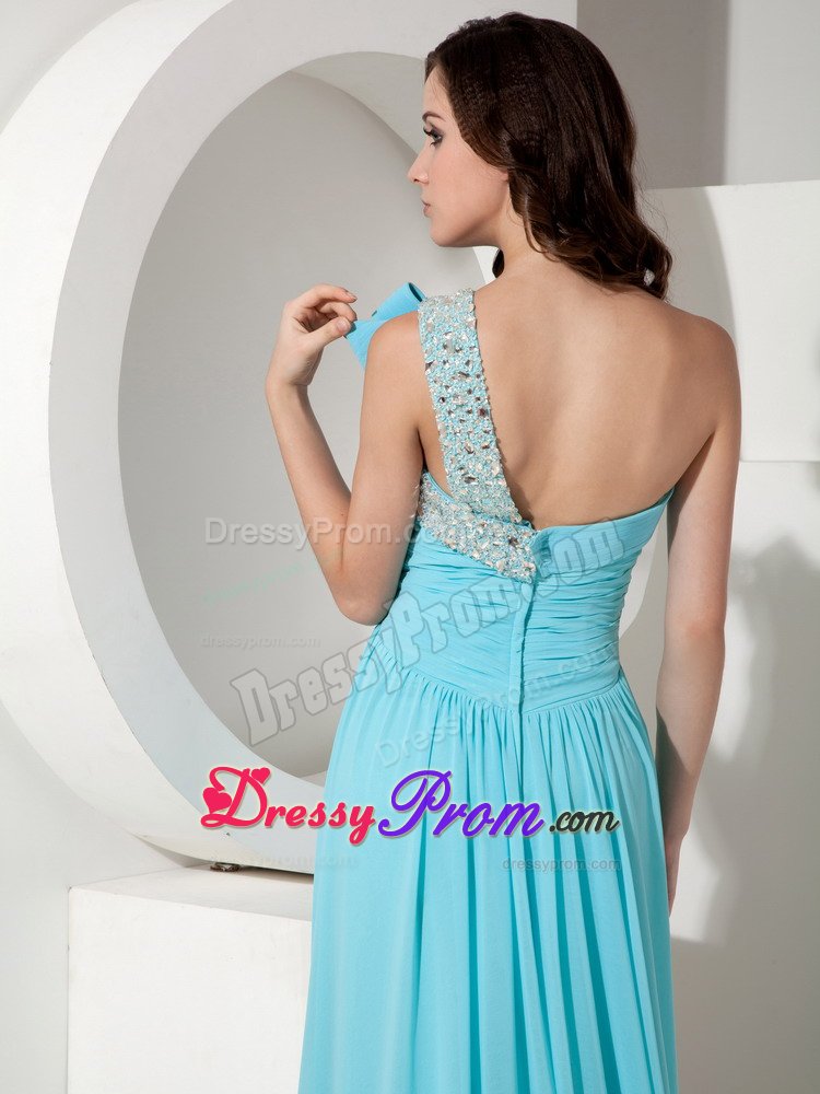 Fitted Ruched Prom Dress Beaded One Shoulder Brush Train for Pelotas