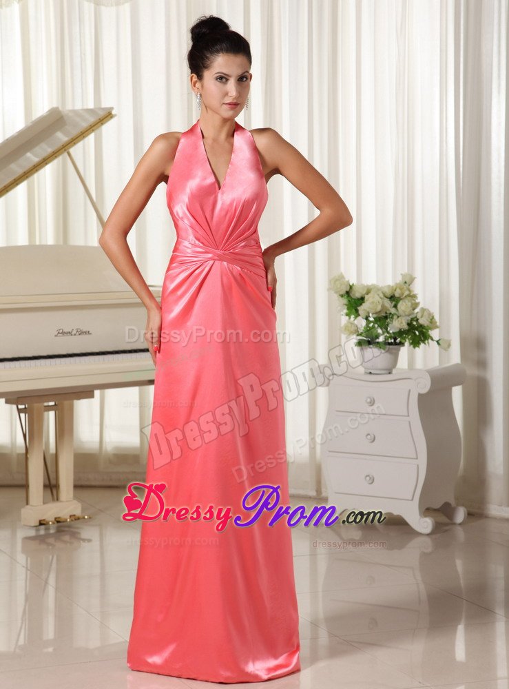 Watermelon v-Neck Halter Top Prom Evening Dresses with the Back out