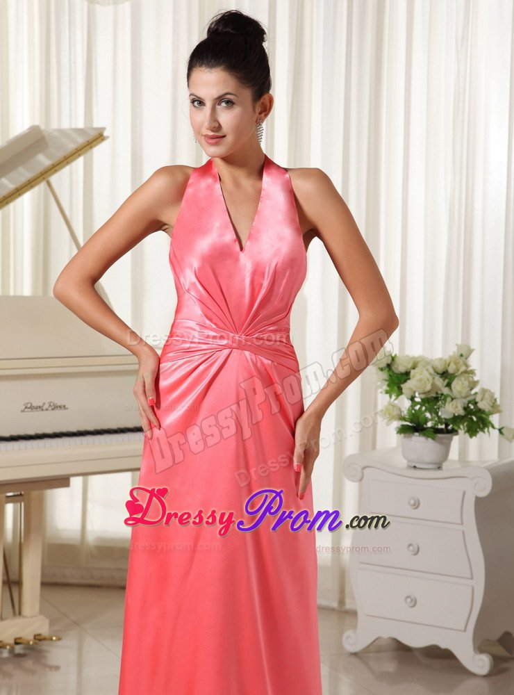 Watermelon v-Neck Halter Top Prom Evening Dresses with the Back out