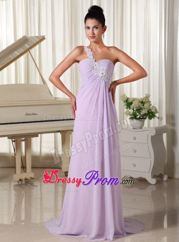 One Shoulder Appliques Prom Graduation Dresses Sweep Train in Lilac