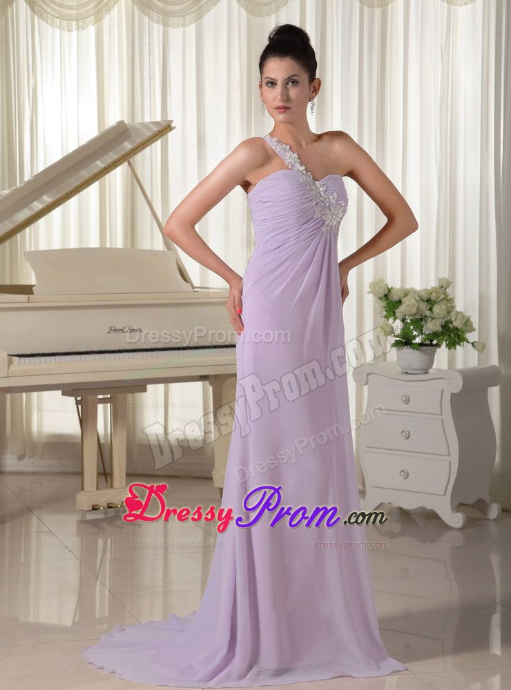 One Shoulder Appliques Prom Graduation Dresses Sweep Train in Lilac