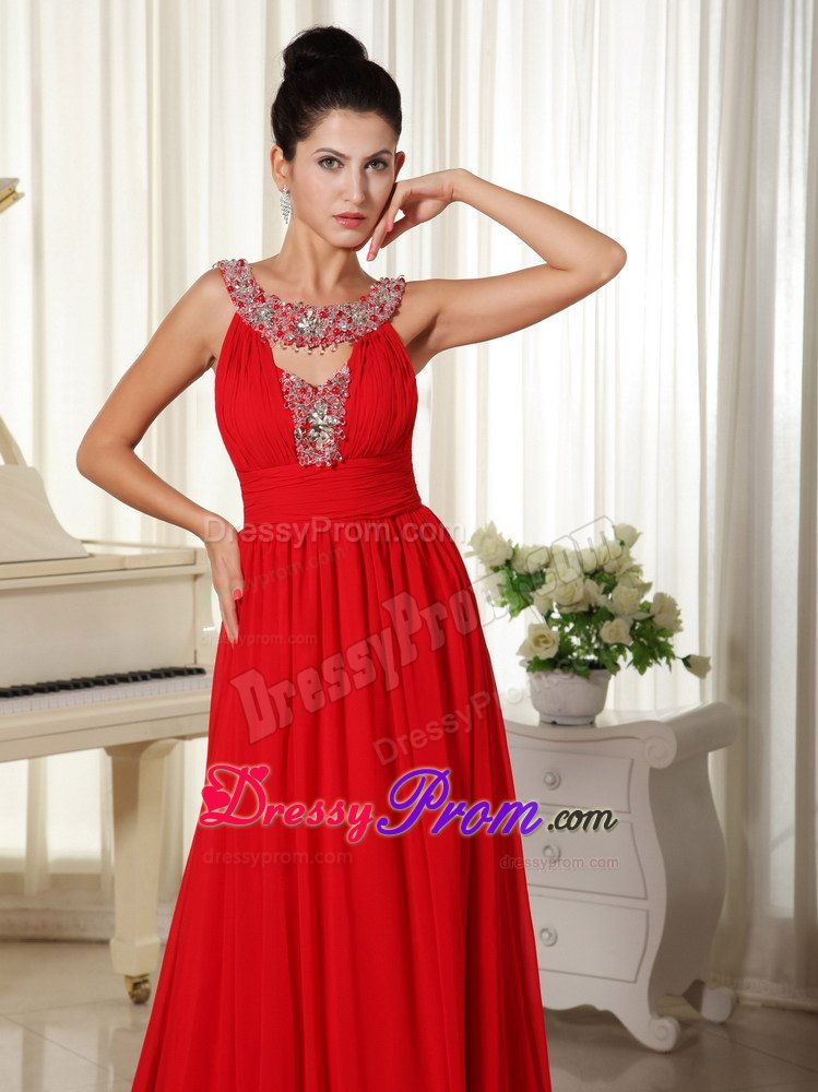 Sexy Zipper-up Red Beaded Neckline Prom Gowns Chiffon Brush Train