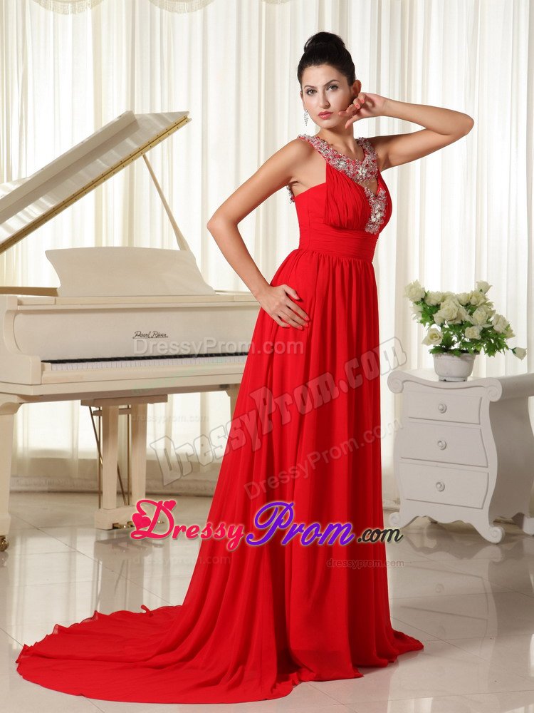 Sexy Zipper-up Red Beaded Neckline Prom Gowns Chiffon Brush Train