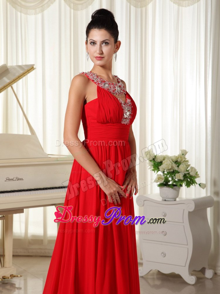 Sexy Zipper-up Red Beaded Neckline Prom Gowns Chiffon Brush Train