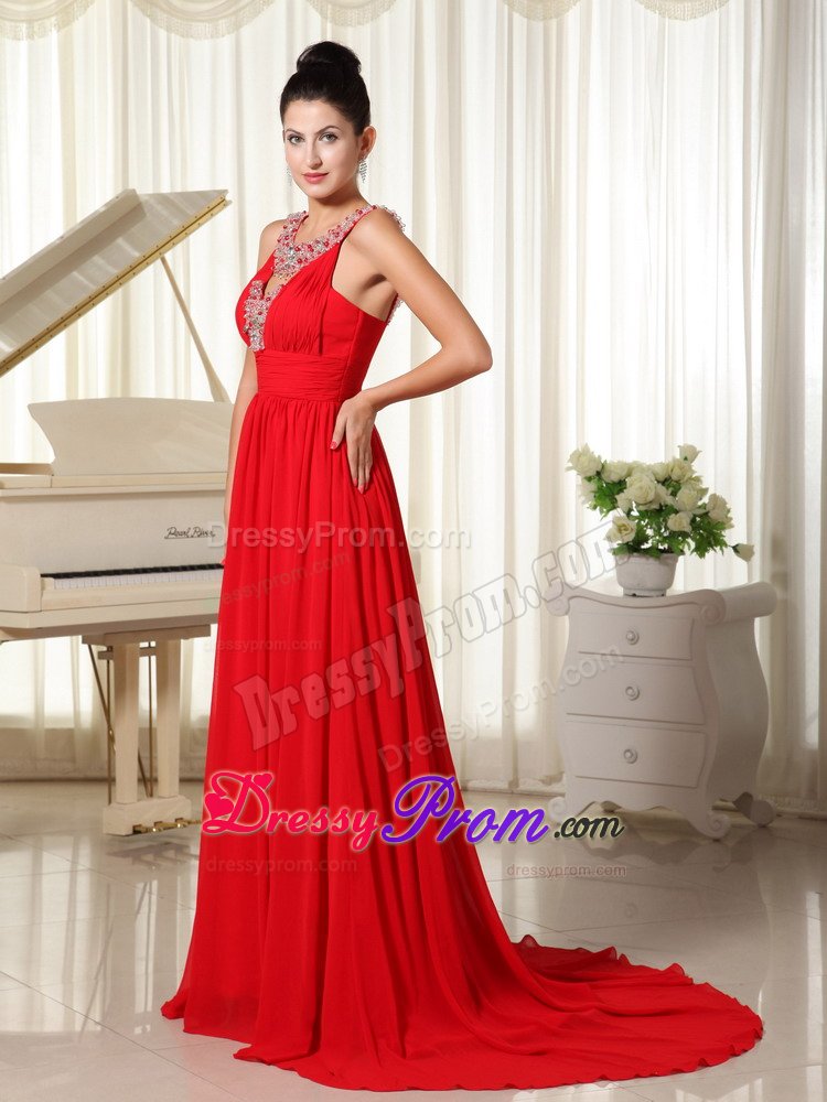Sexy Zipper-up Red Beaded Neckline Prom Gowns Chiffon Brush Train