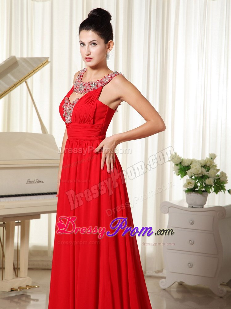 Sexy Zipper-up Red Beaded Neckline Prom Gowns Chiffon Brush Train