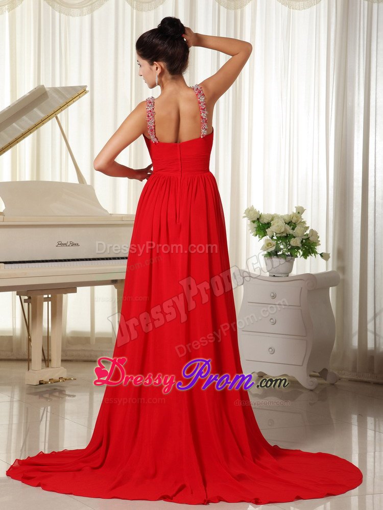 Sexy Zipper-up Red Beaded Neckline Prom Gowns Chiffon Brush Train