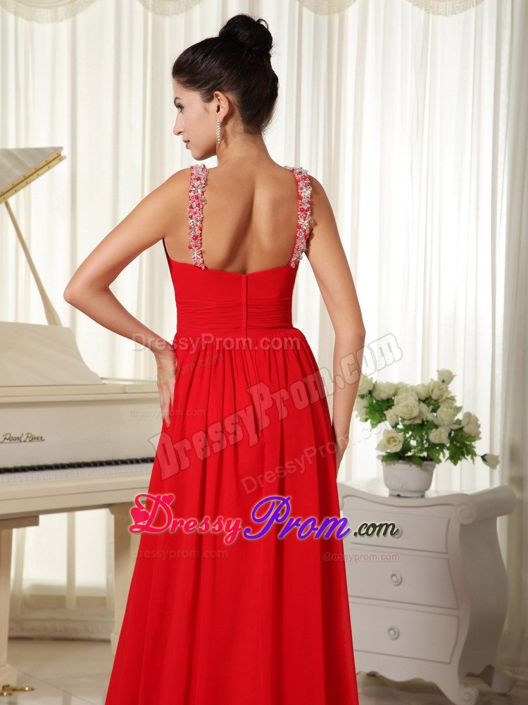 Sexy Zipper-up Red Beaded Neckline Prom Gowns Chiffon Brush Train