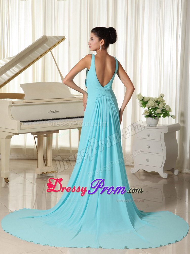 Sleeveless Plunging Neckline Prom Cocktail Dress Beading Court Train