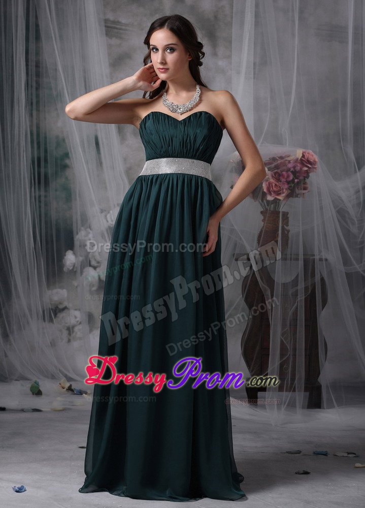 Delish Sweetheart Prom Holiday Dress Ruches Beaded Sash Dark Green