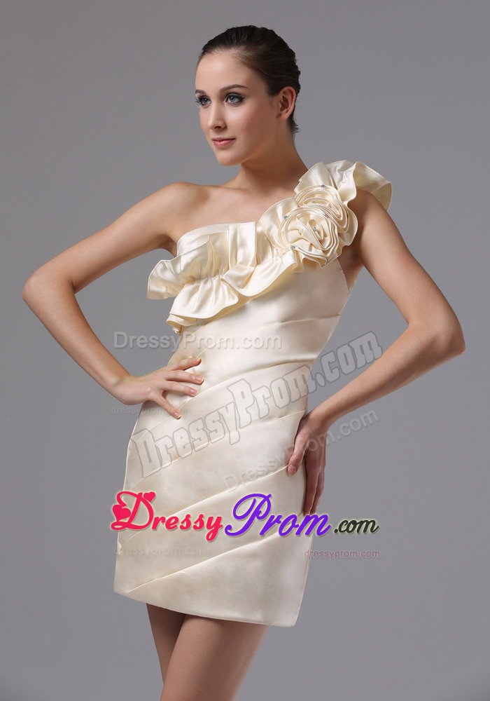 Champagne Mini-length Prom Gown One Shoulder Hand Made Flowers