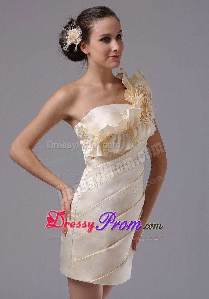 Champagne Mini-length Prom Gown One Shoulder Hand Made Flowers