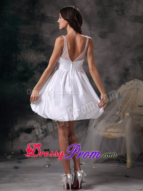 Lovely Mini-length Prom Evening Dress Sheer Neck with Bow in White