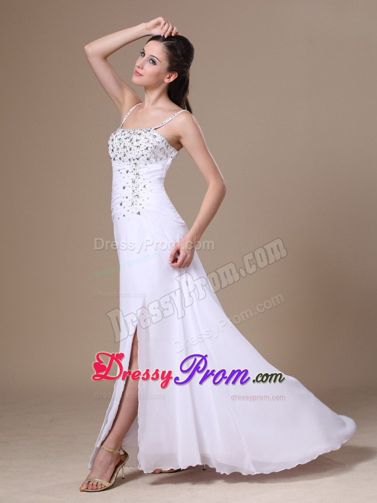 Delish Prom Holiday Dress Beading Straps with Slit on the Side in White