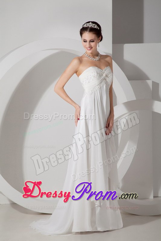 White Chiffon Prom Dresses Appliques Sweep Train with Lace up Back
