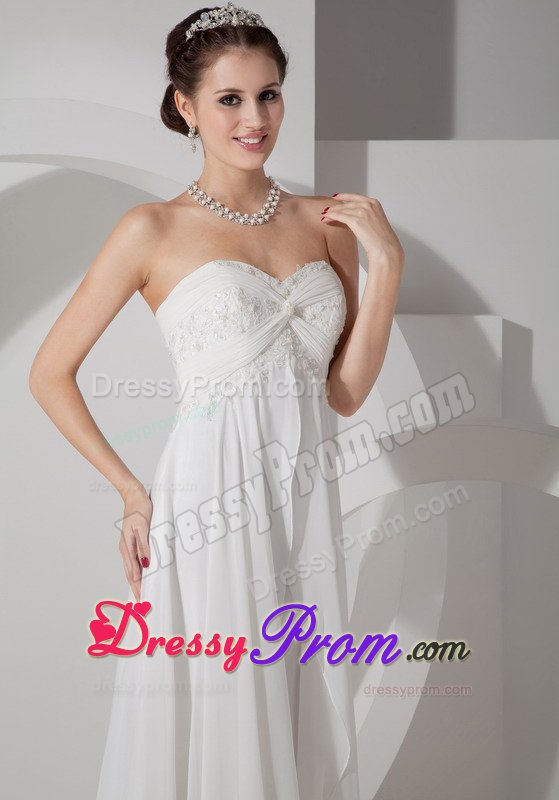 White Chiffon Prom Dresses Appliques Sweep Train with Lace up Back