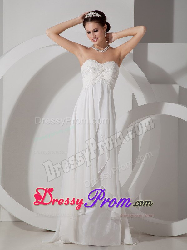 White Chiffon Prom Dresses Appliques Sweep Train with Lace up Back