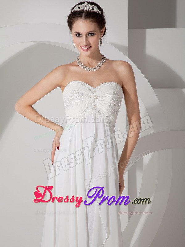 White Chiffon Prom Dresses Appliques Sweep Train with Lace up Back