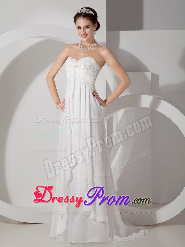 White Chiffon Prom Dresses Appliques Sweep Train with Lace up Back