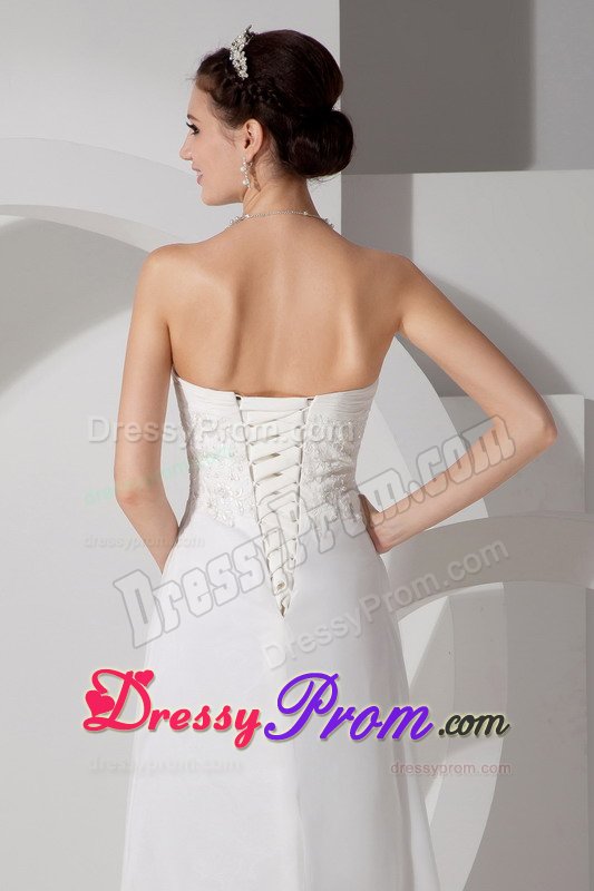 White Chiffon Prom Dresses Appliques Sweep Train with Lace up Back