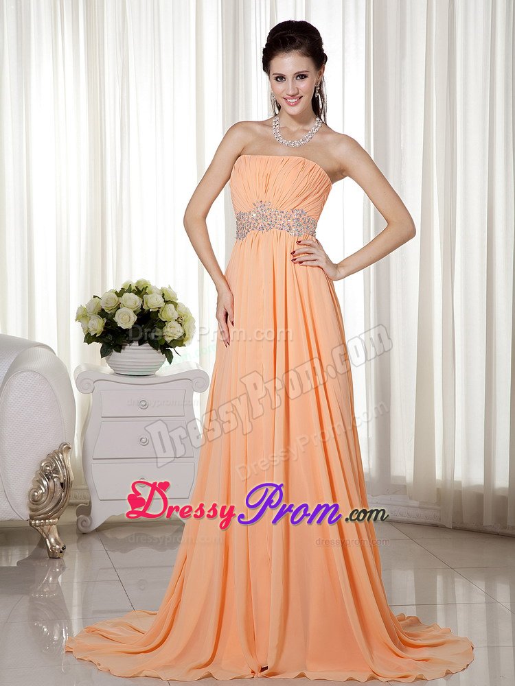 Pretty Strapless Beading Prom Holiday Dress Chiffon with Brush Train