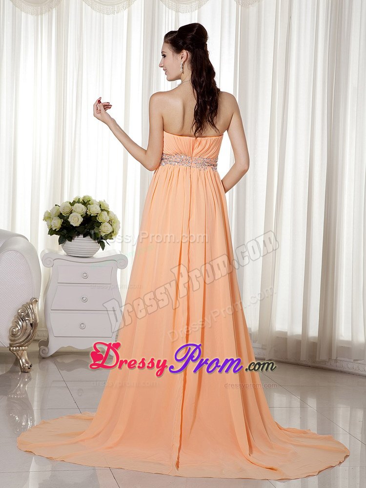 Pretty Strapless Beading Prom Holiday Dress Chiffon with Brush Train