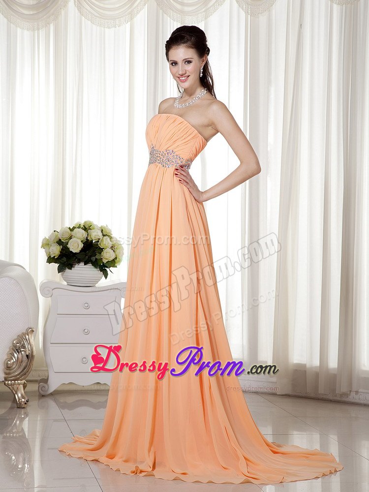 Pretty Strapless Beading Prom Holiday Dress Chiffon with Brush Train