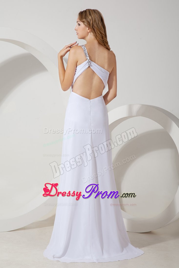 Chiffon White Prom Dresses Beaded One Shoulder with Slit on the Side