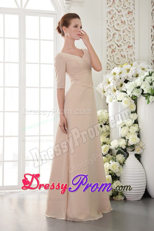 Champagne V-neck Long Prom Theme Dresses with Half Sleeves 2014