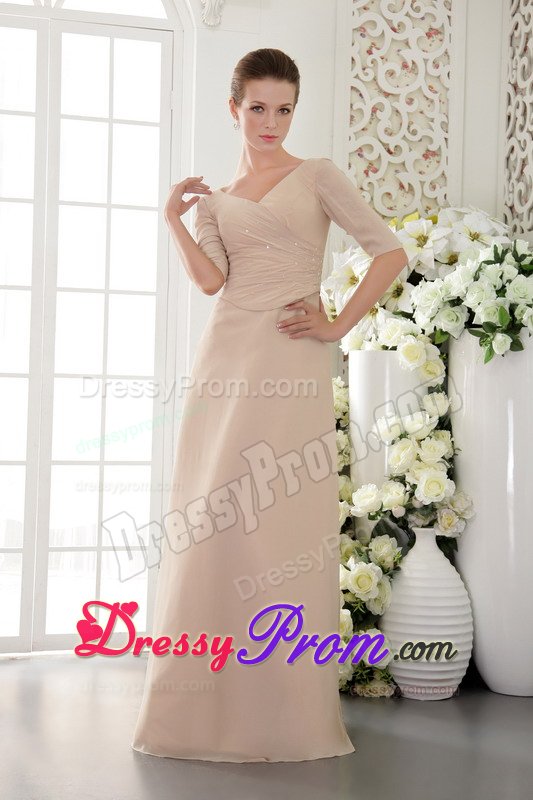 Champagne V-neck Long Prom Theme Dresses with Half Sleeves 2014