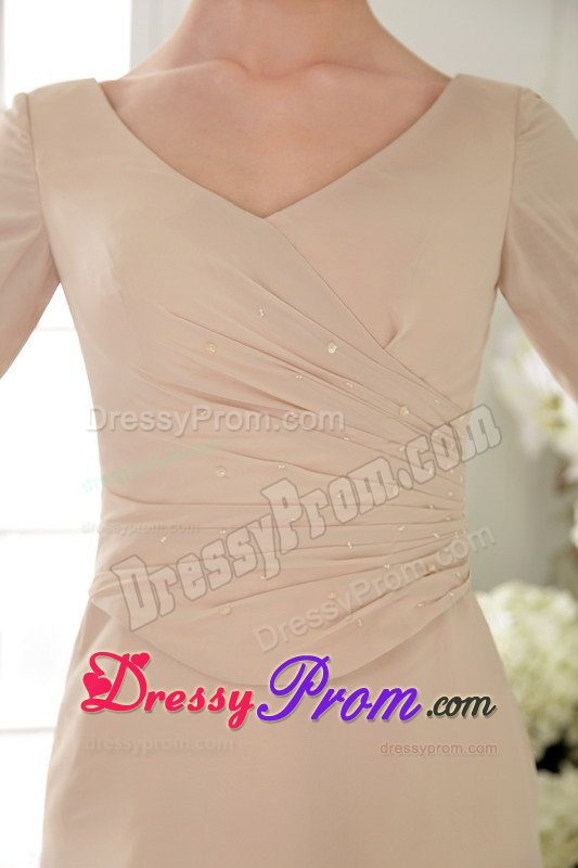 Champagne V-neck Long Prom Theme Dresses with Half Sleeves 2014