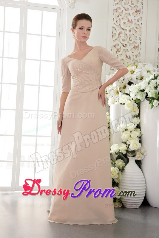 Champagne V-neck Long Prom Theme Dresses with Half Sleeves 2014