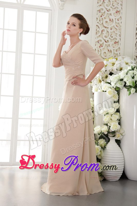 Champagne V-neck Long Prom Theme Dresses with Half Sleeves 2014