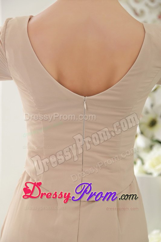 Champagne V-neck Long Prom Theme Dresses with Half Sleeves 2014