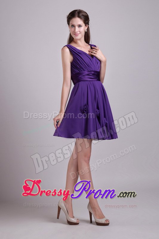 Ruched V-neck Sash Flowers Prom Theme Dresses of Purple Chiffon