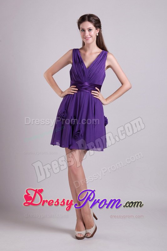 Ruched V-neck Sash Flowers Prom Theme Dresses of Purple Chiffon