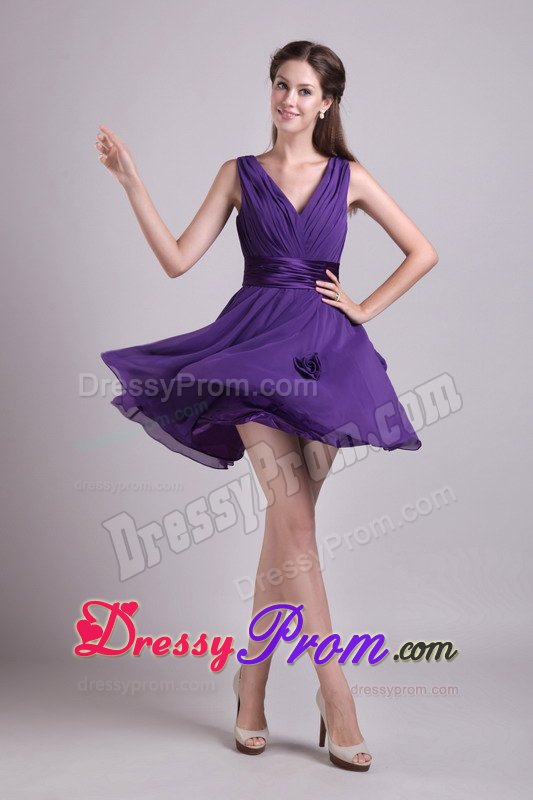 Ruched V-neck Sash Flowers Prom Theme Dresses of Purple Chiffon