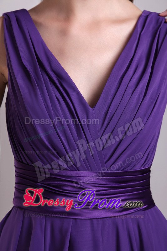 Ruched V-neck Sash Flowers Prom Theme Dresses of Purple Chiffon