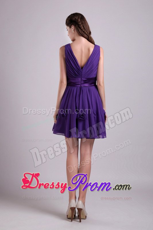 Ruched V-neck Sash Flowers Prom Theme Dresses of Purple Chiffon