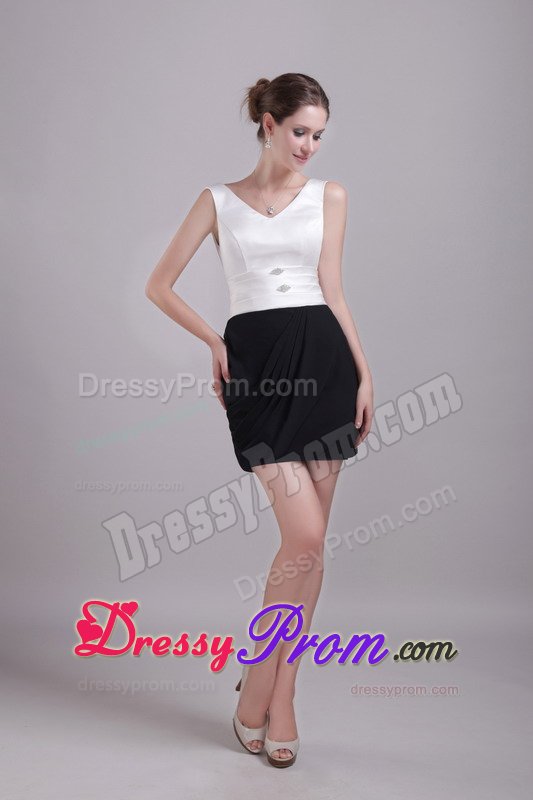 White and Black Satin and Chiffon Mini Length Prom Theme Dress