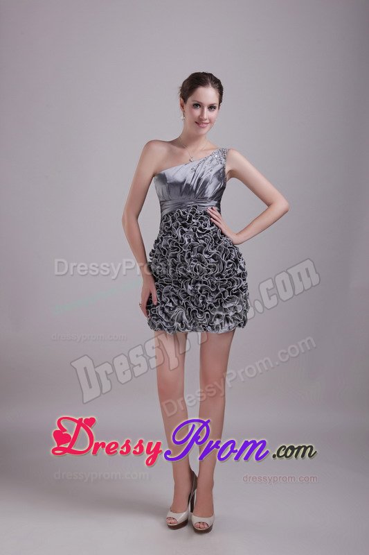 Beaded Gray One Shoulder Prom Gown Dresses with Rolling Flowers