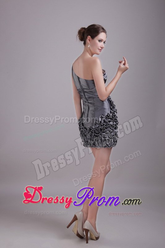 Beaded Gray One Shoulder Prom Gown Dresses with Rolling Flowers
