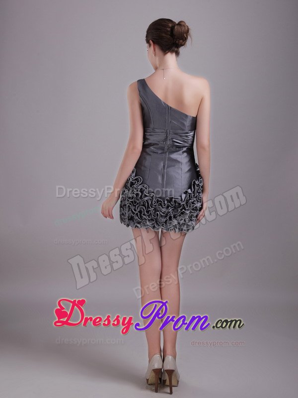 Beaded Gray One Shoulder Prom Gown Dresses with Rolling Flowers