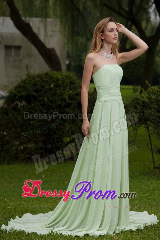 Apple Green Strapless Chiffon Prom Court Dresses with Court Train