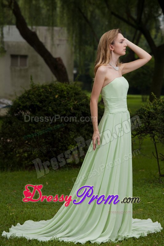 Apple Green Strapless Chiffon Prom Court Dresses with Court Train