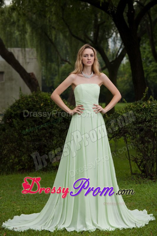 Apple Green Strapless Chiffon Prom Court Dresses with Court Train