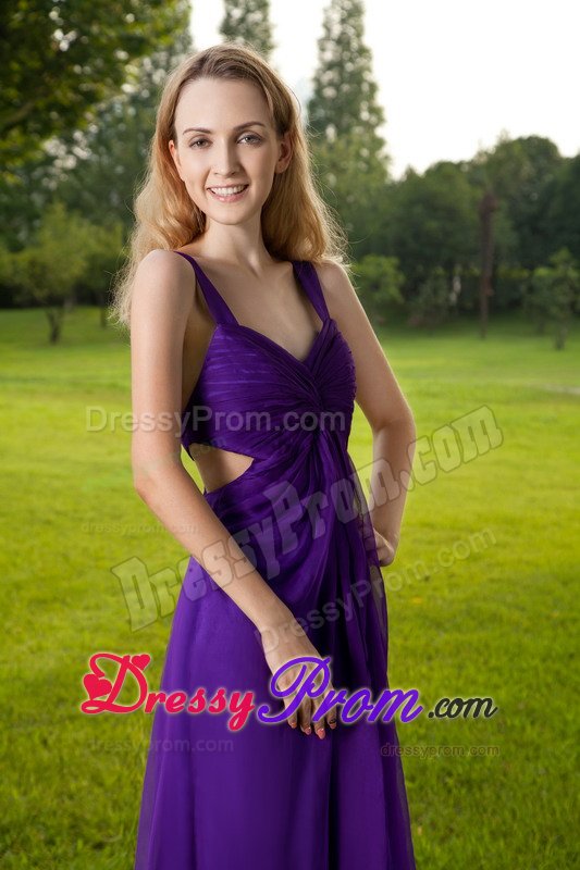 Purple Chiffon and Satin Straps Cutouts Back Prom Theme Dresses