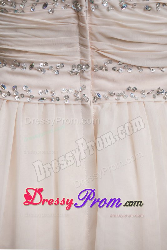Beaded and Ruched White Chiffon Prom Theme Dresses with Brush Train
