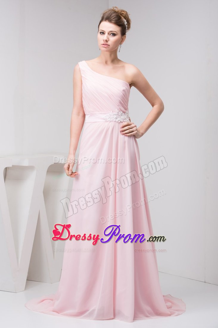 Light Pink One Shoulder Prom Theme Dresses with Court Train 2014