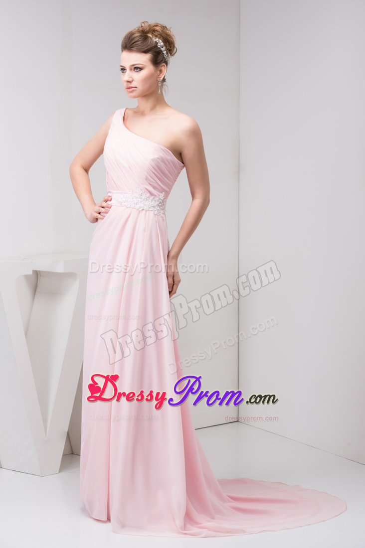 Light Pink One Shoulder Prom Theme Dresses with Court Train 2014